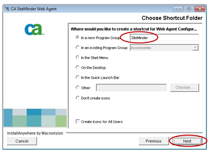 CA SiteMinder Web Agent v6QMR5: Choose Shortcut Folder