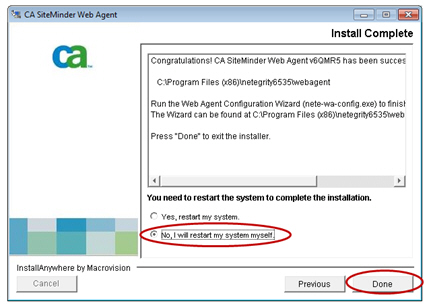 CA SiteMinder Web Agent v6QMR5: Install Complete