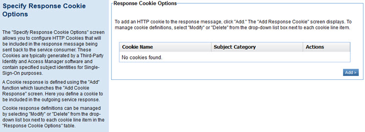 HTTP Security Policy Configuration: Specify Response Cookie Options page