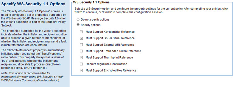 Policy Configuration: Specify WS-Security 1.1 Options