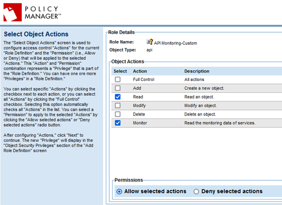 Adding a privilege to a role: Select Object Actions page