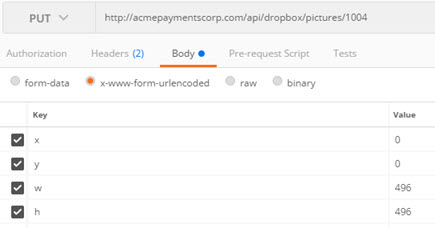 Dropbox service, cropPicture operation: request body in Postman