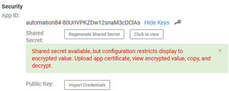 Shared secret display, encrypted, certificate not available