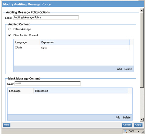 Modify Auditing Message Policy page, top