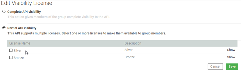 API > Visibility > Groups > Edit Licenses